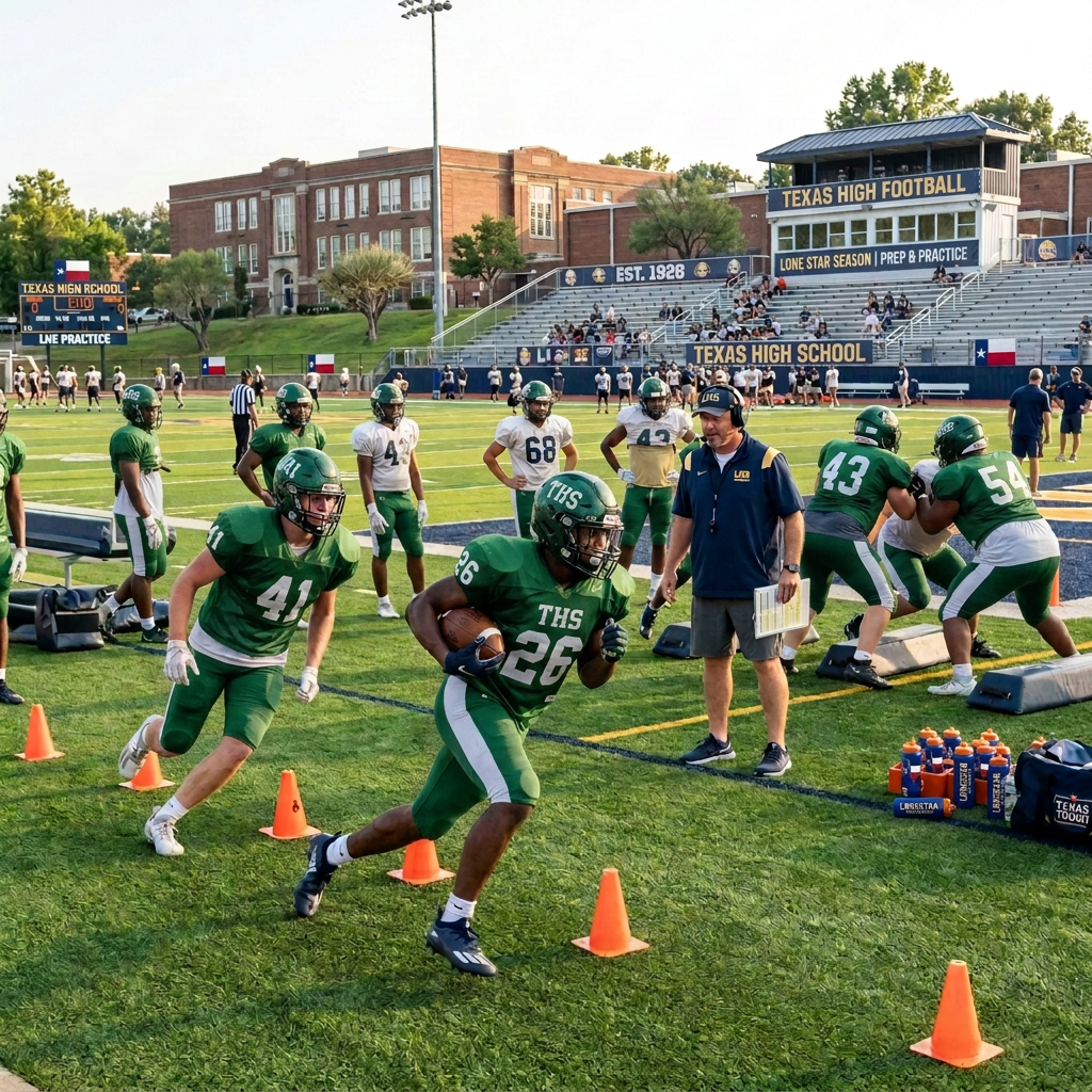 High school football players practicing running drills on field with coach