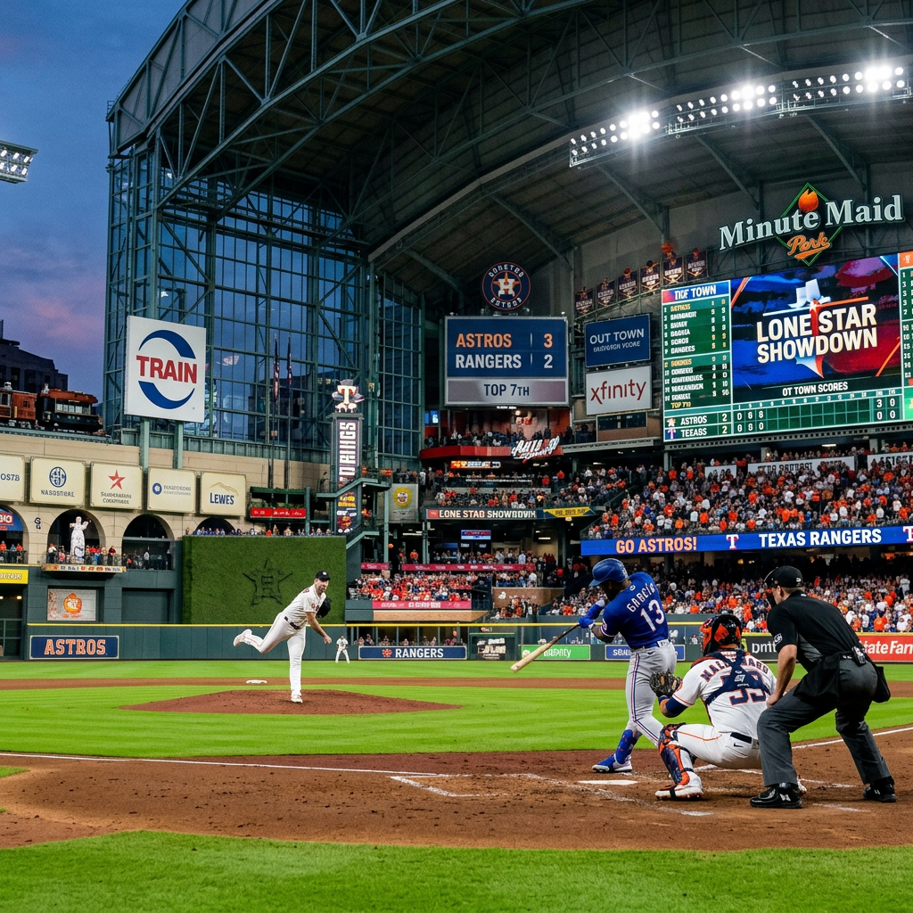 Houston Astros pitcher throwing ball to Texas Rangers batter during game at Minute Maid Park
